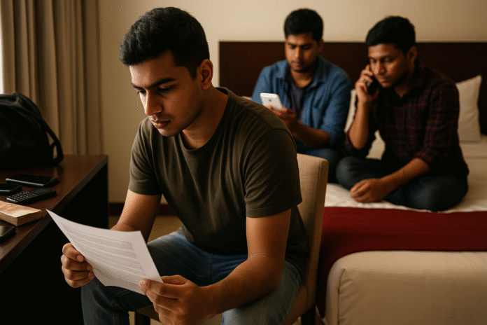 Bangladesh IELTS Paper Leak Scandal_AI representational photo Young men inside a hotel room studying leaked IELTS exam papers, with hidden phones and cash on the table — reflecting the underground racket in Bangladesh.Young men inside a hotel room studying leaked IELTS exam papers, with hidden phones and cash on the table — reflecting the underground racket in Bangladesh. Photo: AI/ChatGPT